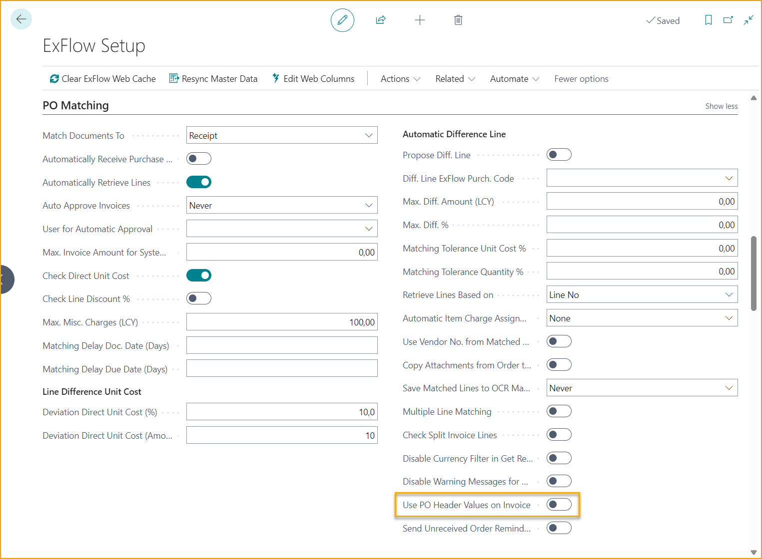 Activate Use PO Header Values on Invoice – ExFlow Setup