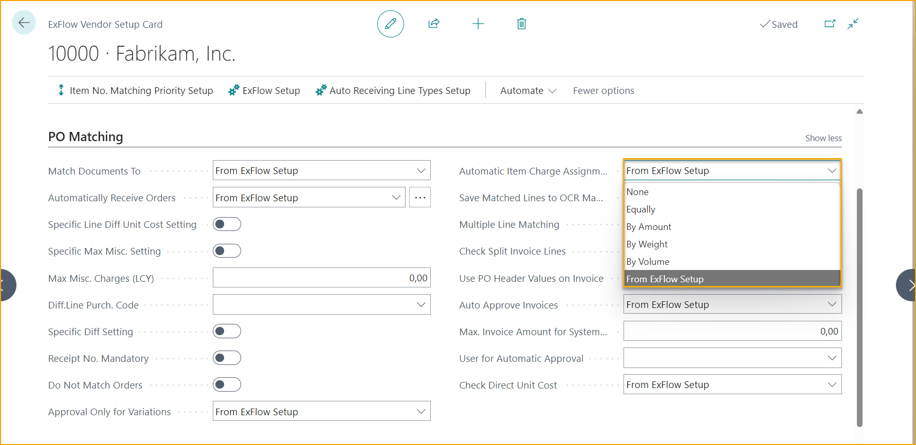 ExFlow Vendor Setup - Automatic Item Charge Assignment