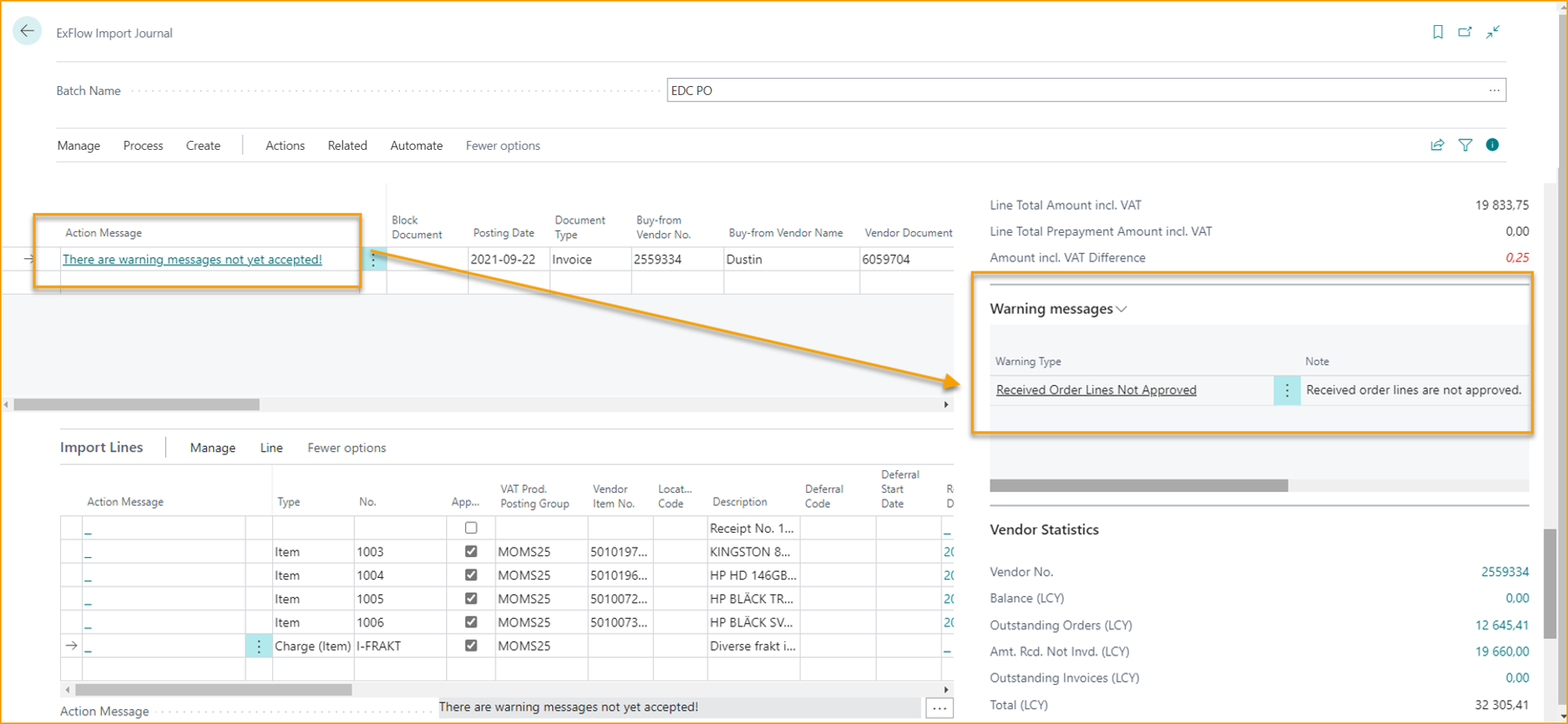 ExFlow Import Journal - Warning messages