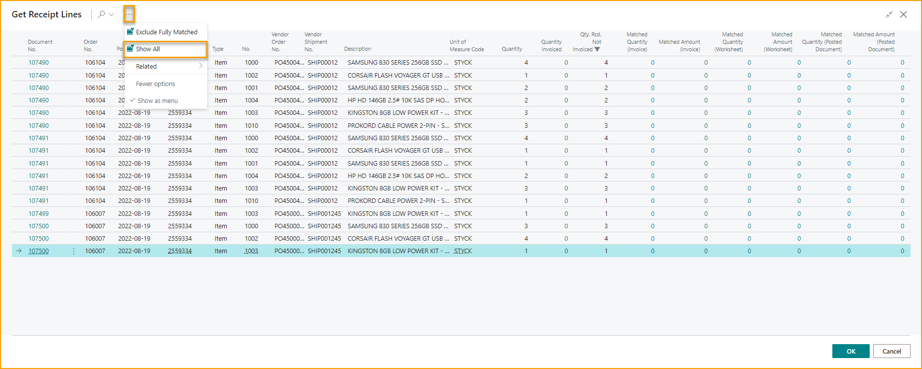 ExFlow Import Journal - Get Receipt Lines - Receipt list after Exclude Fully Matched