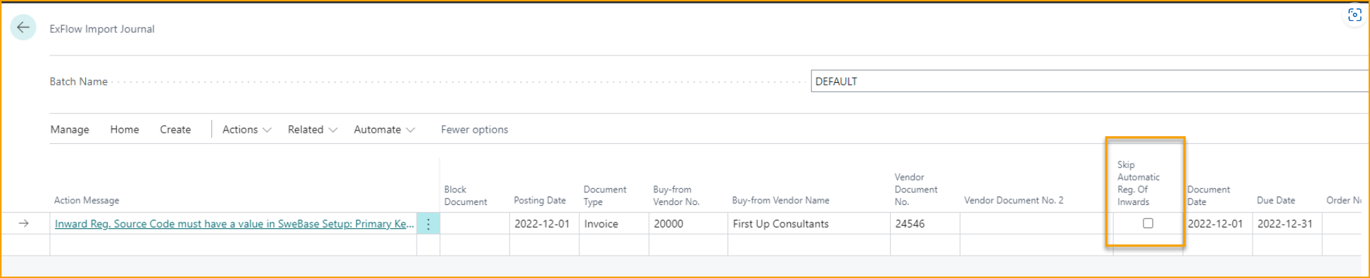 ExFlow Import Journal -- Skip Automatic Reg. of Inwards