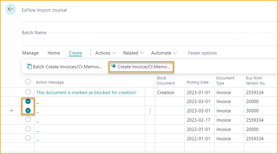 ExFlow Import Journal - Select and create multiple documents