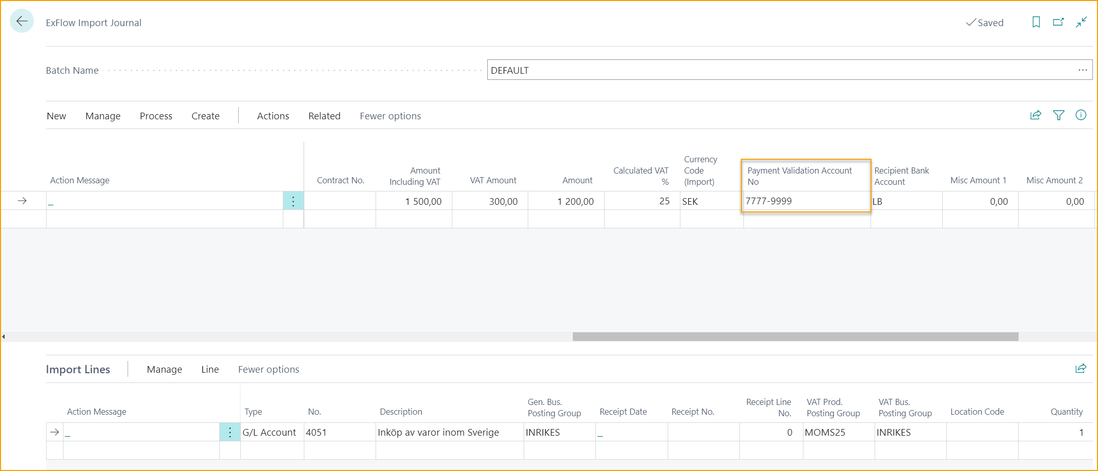 ExFlow Import Journal - Payment Validation Account No.