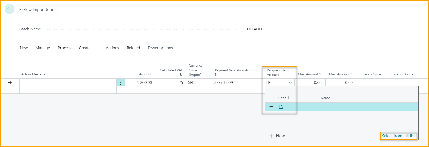 ExFlow Import Journal - Recipient Bank Account