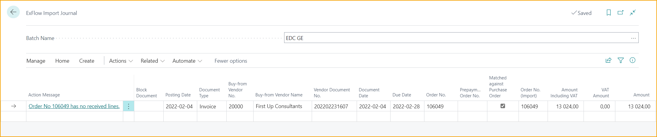 ExFlow Import Journal - Prepayment