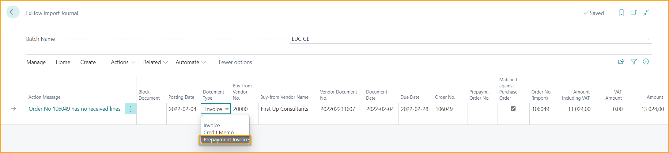 ExFlow Import Journal - Prepayment