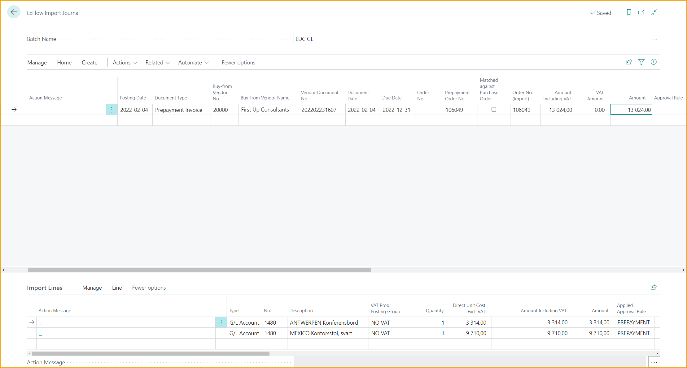 ExFlow Import Journal - Prepayment