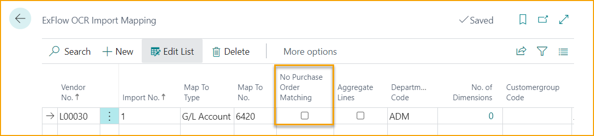 ExFlow OCR Import Mapping - No Purchase Order Matching - Disabled