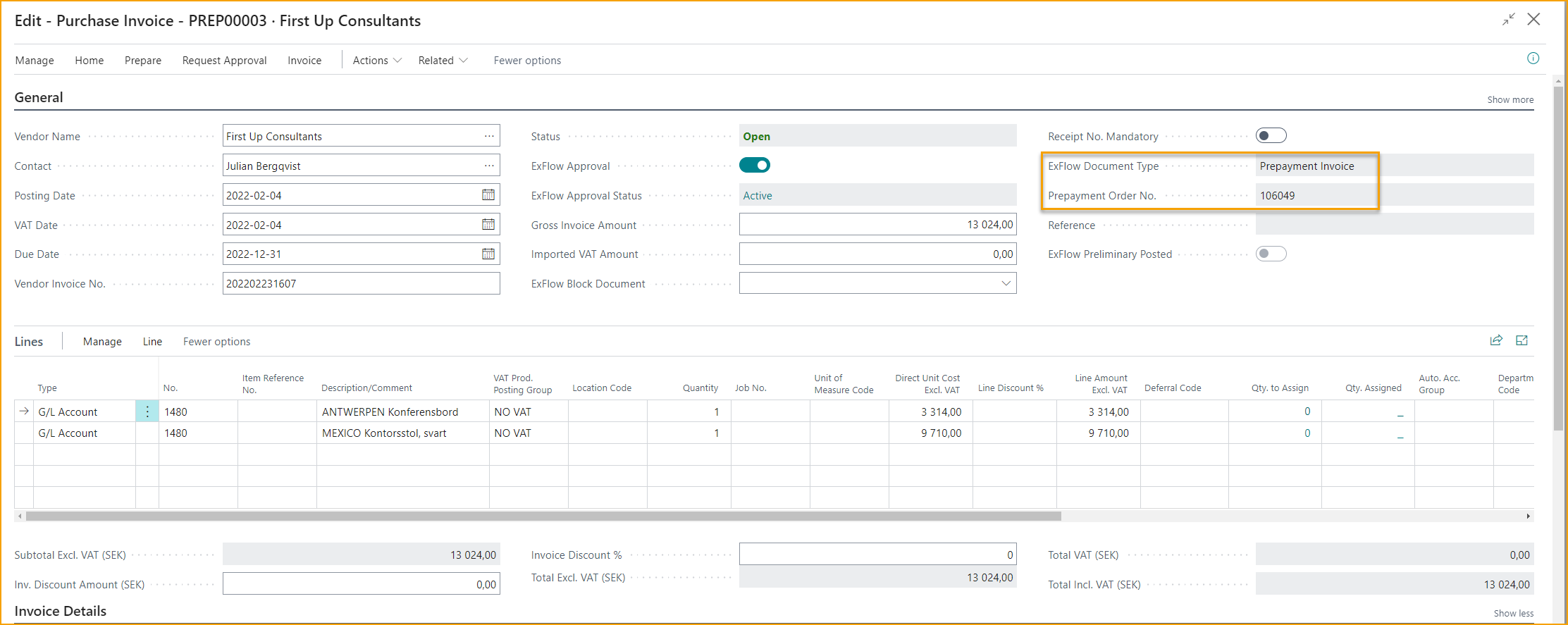 Purchase Invoice - Prepayment