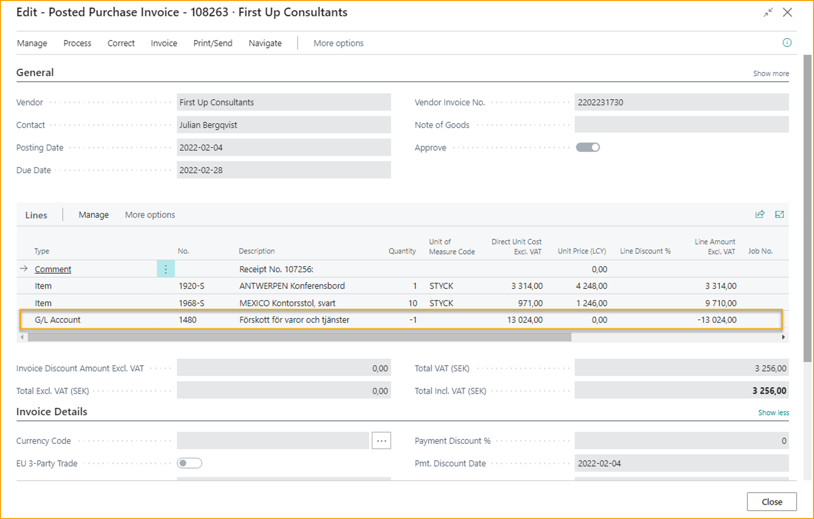 Posted Purchase Invoice - Prepayment