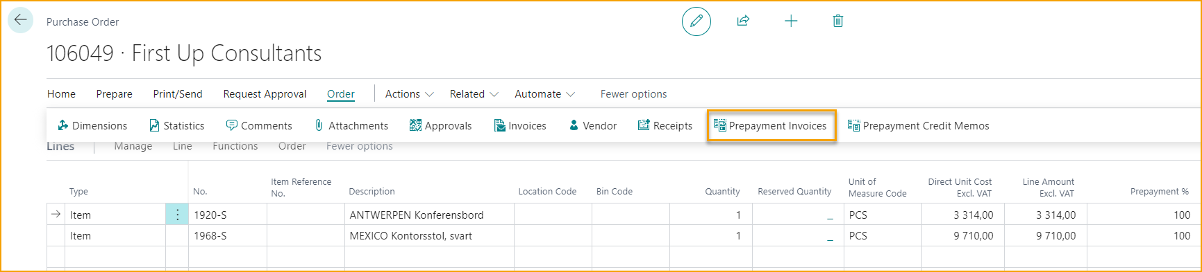 Purchase Order - Prepayment