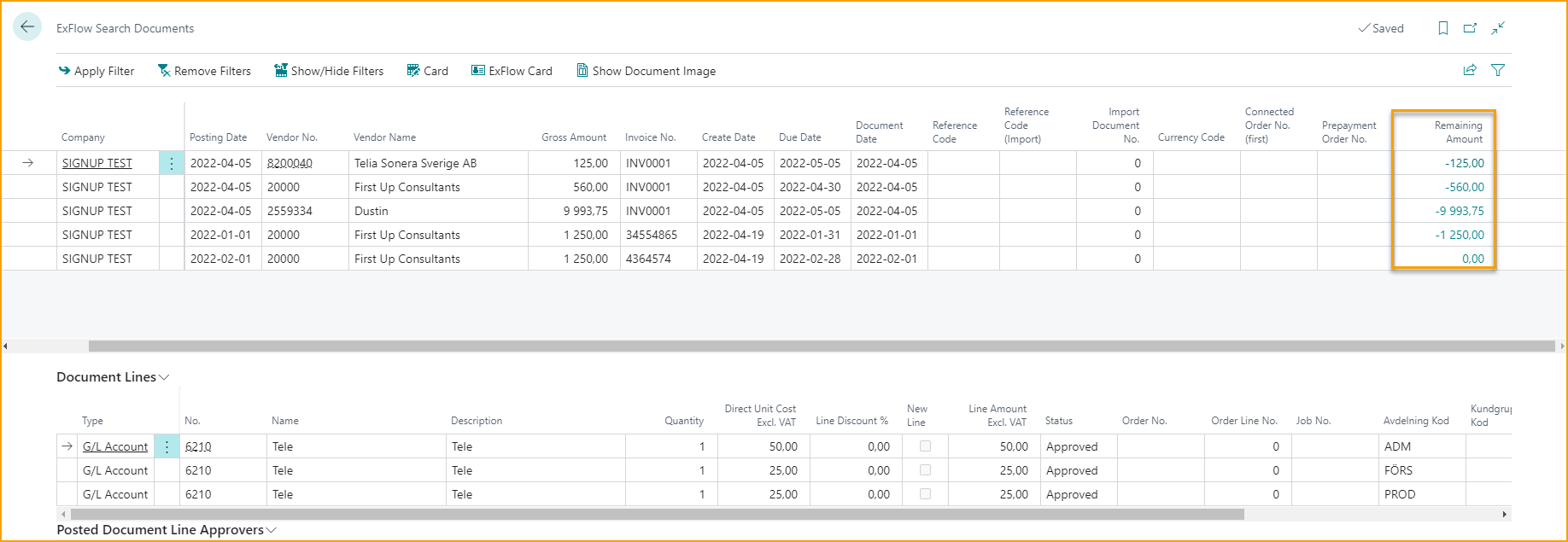 ExFlow Search Documents - Remaining Amount