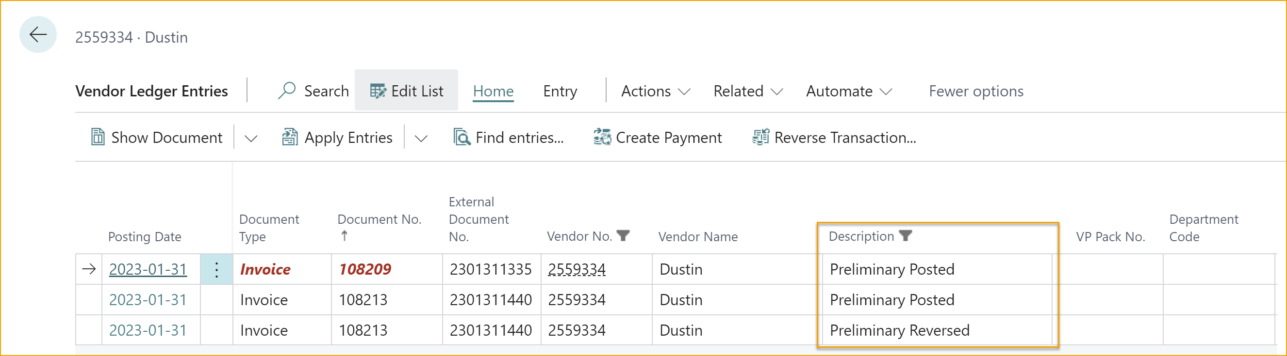 Vendor Ledger Entries - Preliminary Posting