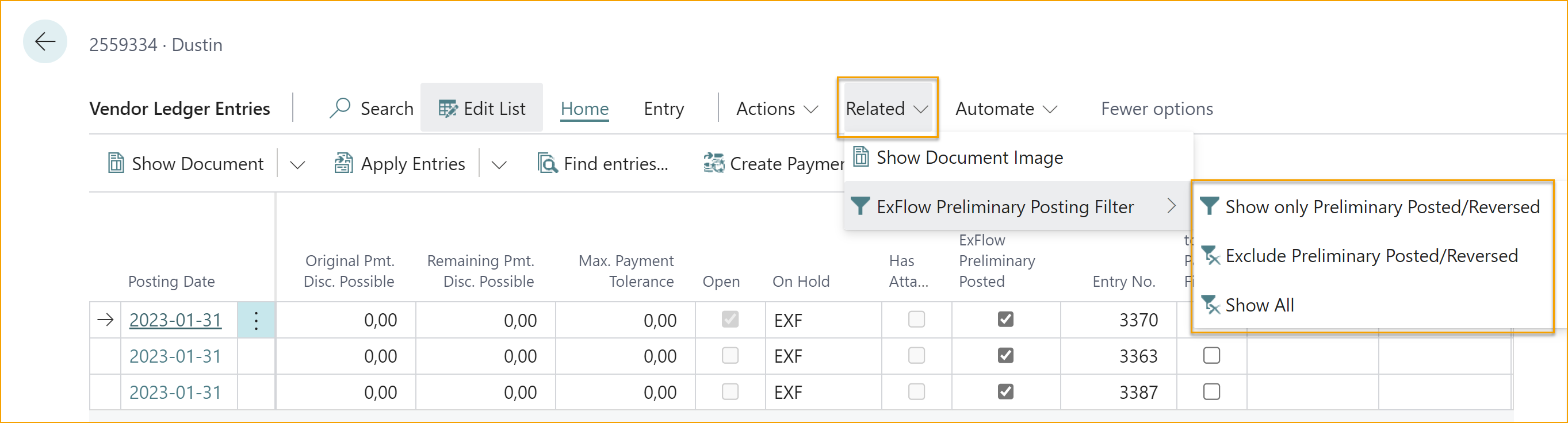 Vendor Ledger Entries - ExFlow Preliminary Posting Filter