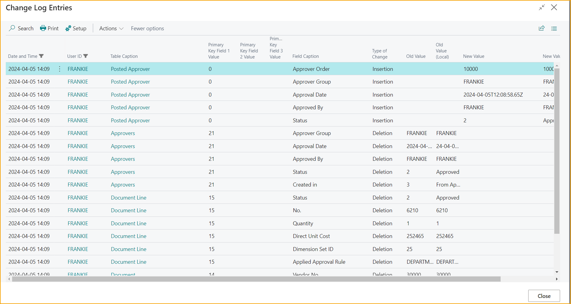 View – Change Log Entries