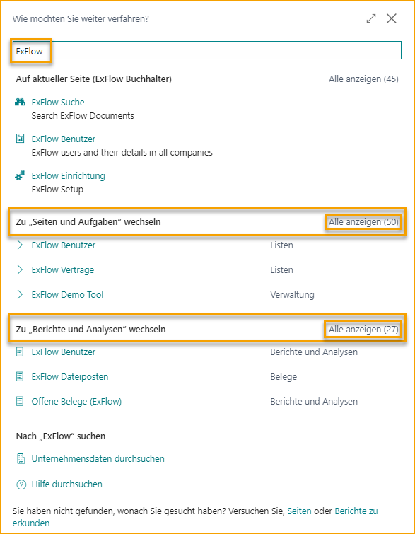 Business Central-Suche