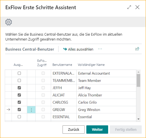 Erste Schritte Assistent - Business Central Benutzer