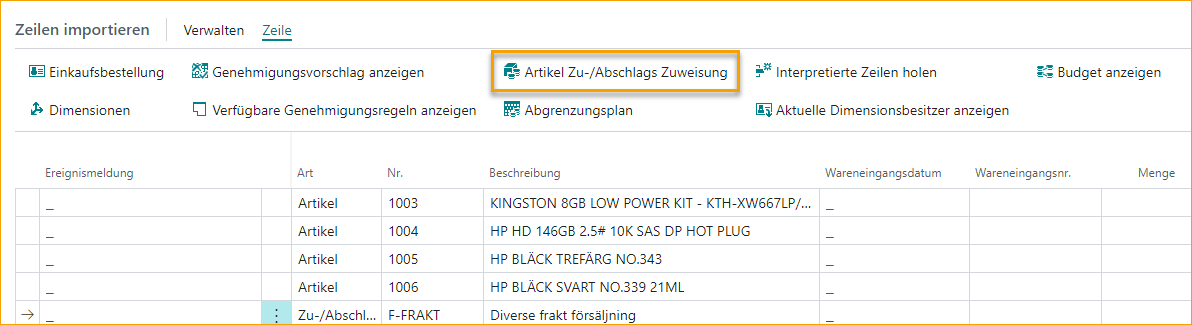 ExFlow Import journal - Importzeilen - Artikelkostenverteilung