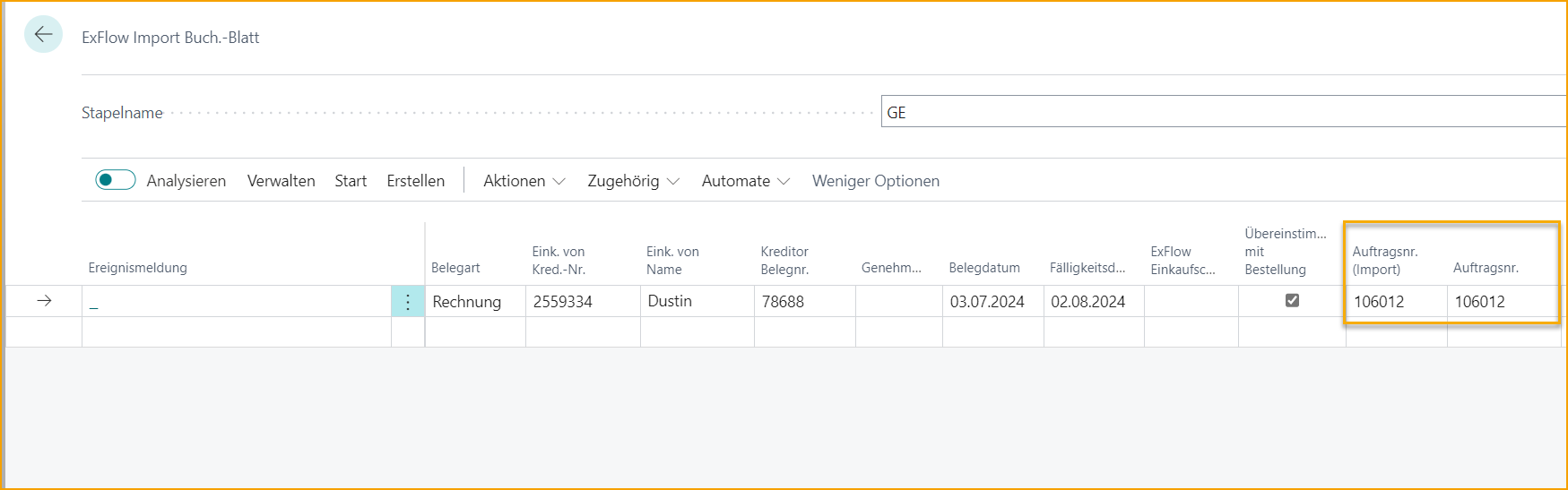 ExFlow Import Journal - Order No.