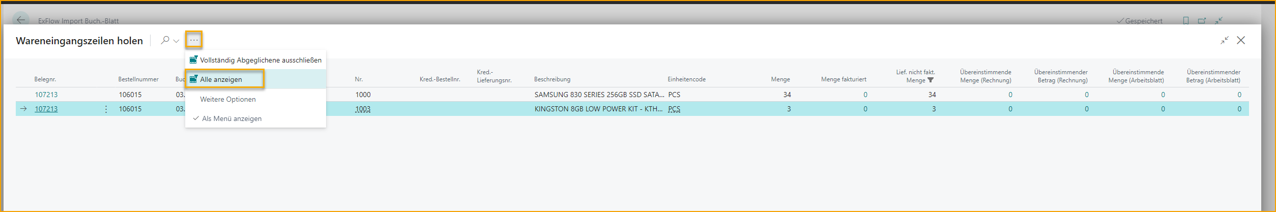 ExFlow Import Journal - Get Receipt Lines - Receipt list after Exclude Fully Matched