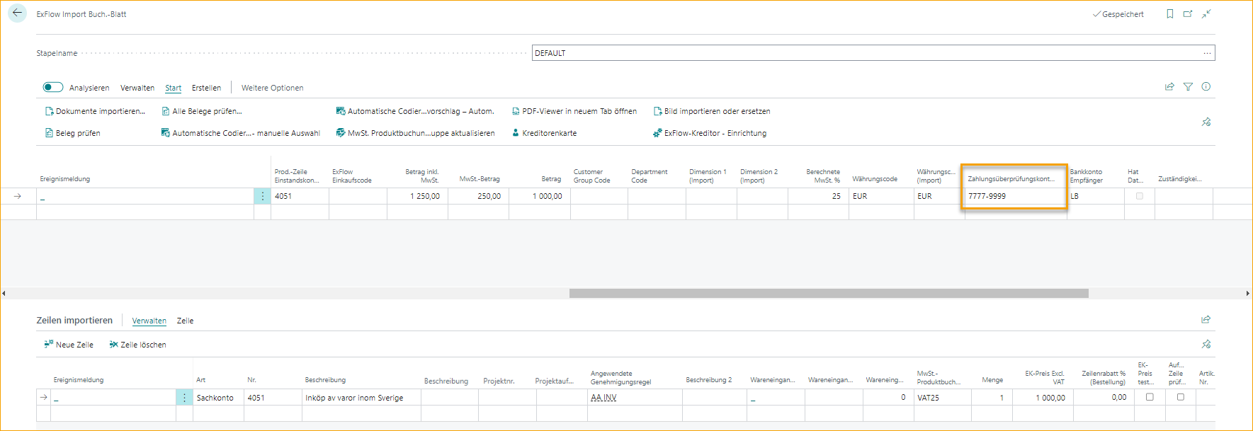 ExFlow Import Journal - Payment Validation Account No.