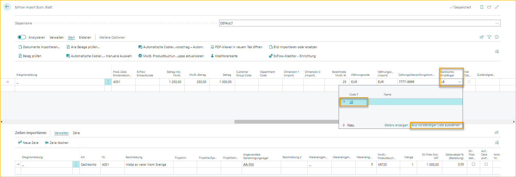 ExFlow Import Journal - Recipient Bank Account