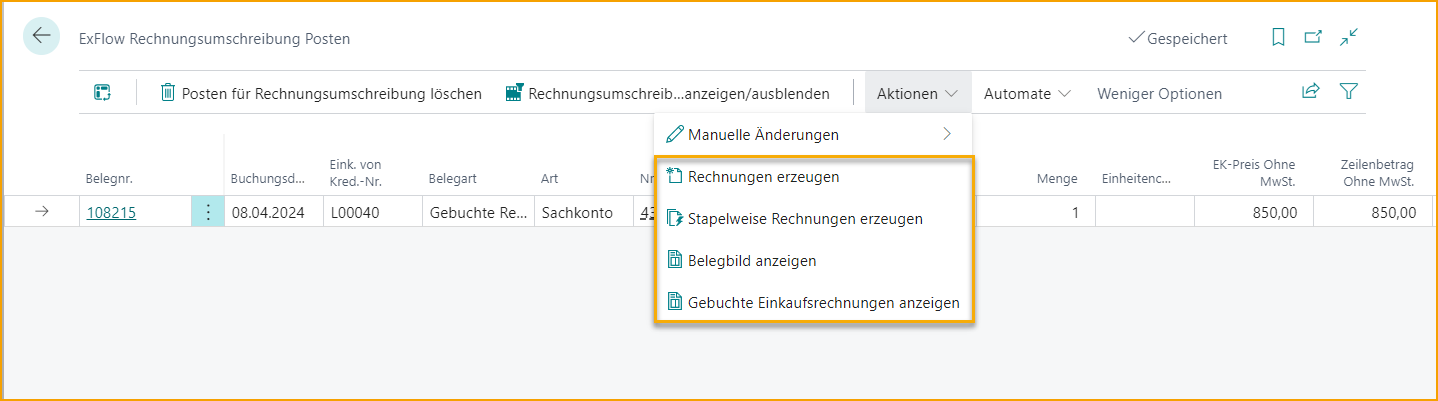 ExFlow Re-Invoicing Einträge