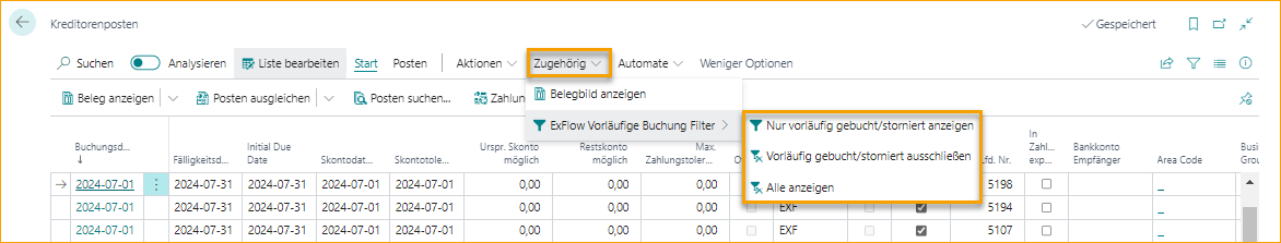 Kreditorenposten - ExFlow vorläufiger Buchungsfilter